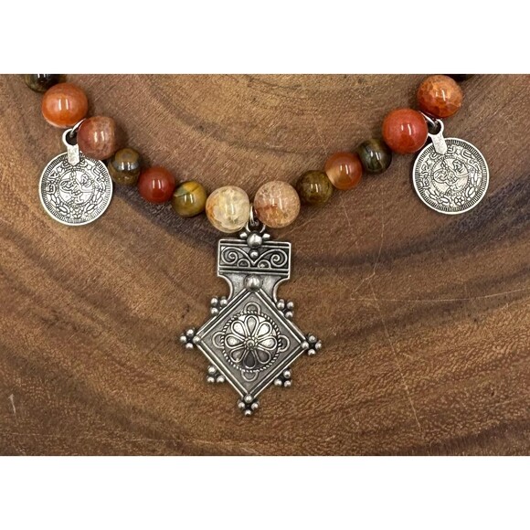Tiger Eye, Fire Agate Necklace: Moroccan Southern Cross Pendant 03YS00864 - Picture 6 of 8